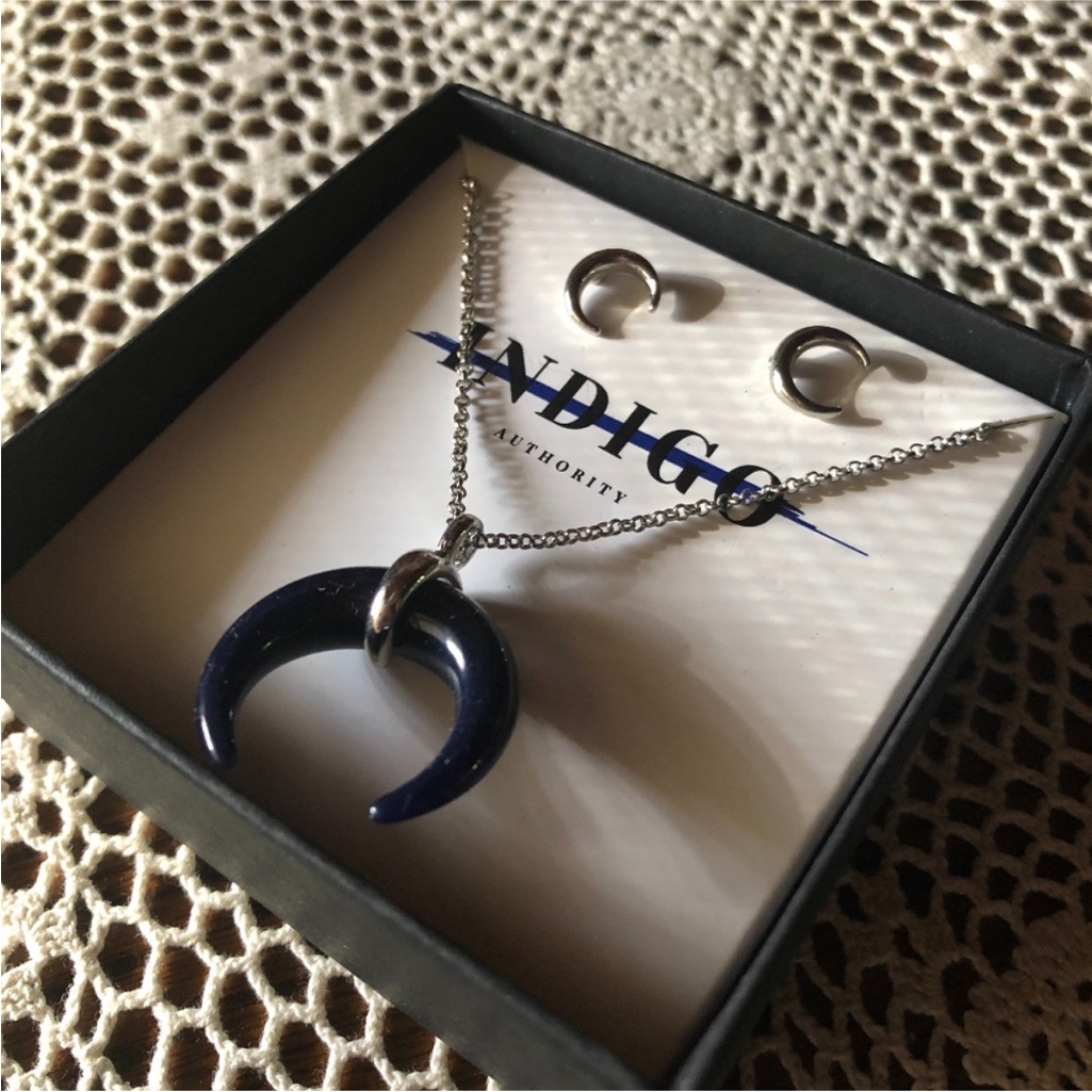 Indigo Authority Crescent Horn Necklace  Earrings Set Brand New